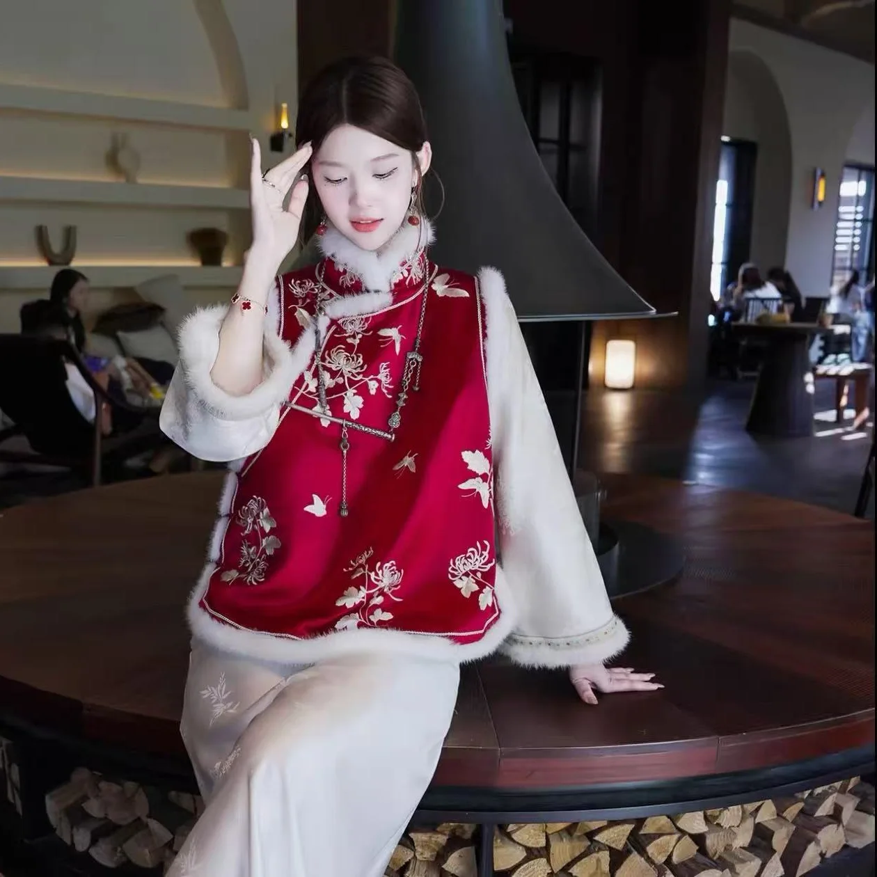 Non-Heritage Suzhou Embroidery New Chinese Style National Fleece-Lined Thickened Vest Winter Retro Waistcoat