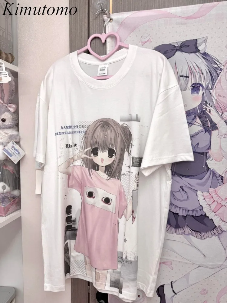 Kimutomo Women T Shirts Sweet Cartoon Printed Short Sleeve Loose Vintage Y2k Aesthetic Harajuku Tops Female Fashion Casual