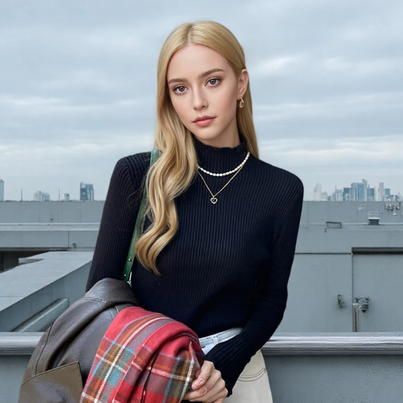 

Сплошной цвет, элегантный облегающий свитер с деревянными ушками, милый женский вязаный базовый свитер, осенне-зимний модный повседневный универсальный свитер, топ