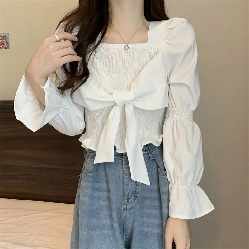 Women\'s Square Collar Long Sleeve Shirts, Elegant Slim Tops, Monochromatic Bow Pleated, Casual Clothes, New Style Fashion