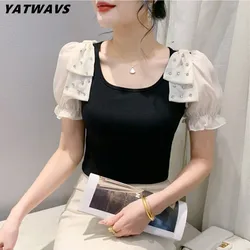 New Fashion Summer Clothes Cotton T-Shirt Chic Sexy Women Patchwork Bow Shiny Hand Made Diamonds Tops Female Short Sleeve Tees