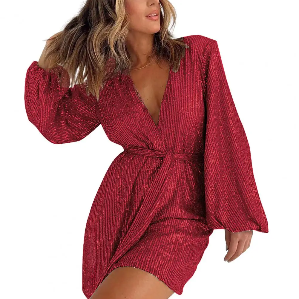 Sequined Long Sleeve Romper Sequin Belted V Neck Women's Romper with Lantern Sleeves for Club Party Tight Waist Above Knee