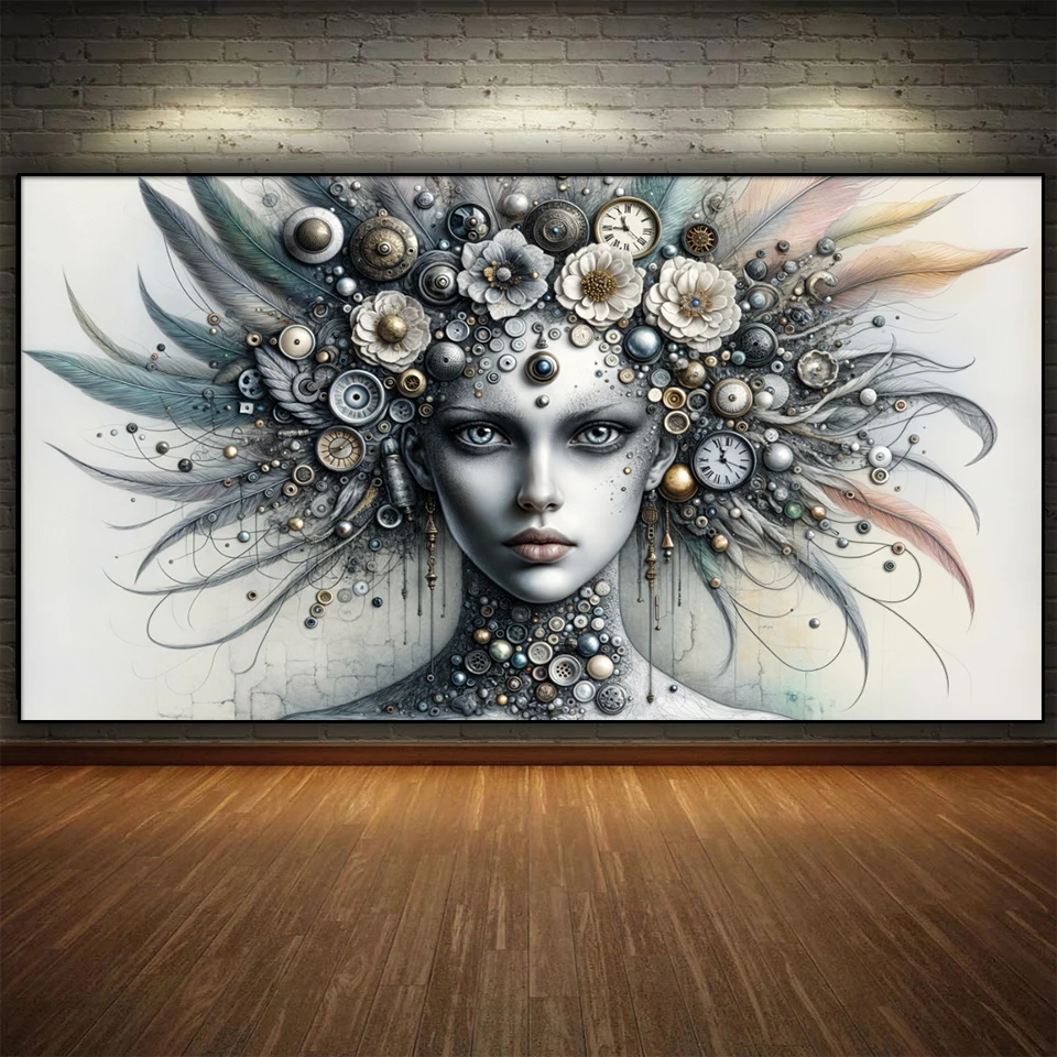 Diy Diamond Painting,Steampunk Goddess  Gear and Feather Fusion,Sleeping Woman Beautiful dream,Full Diamond Mosaic Set Decor ﻿ ﻿