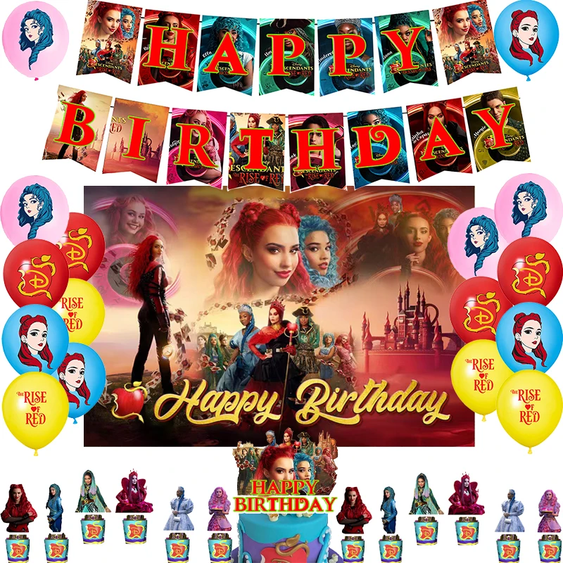 Disney Descendants The Rise of Red Birthday Party Decoration Balloon Banner Backdrop Cake Topper Descendants Birthday Supplies