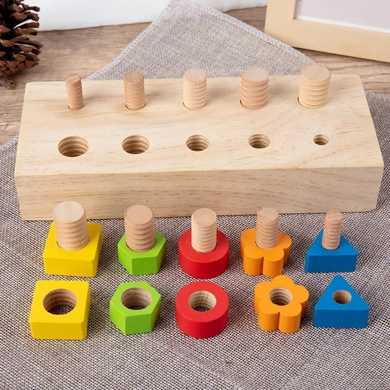 Nut Bolts Montessori Color Shape Wooden Toy Kids Fine Motor Skill Screw Board Size Matching Cognition Game Education Sensory Toy