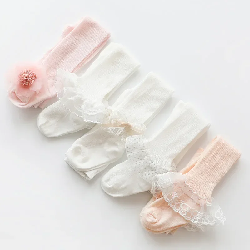Collants en dentelle et maille pour petite fille, bas mignons avec nœud et fleur pour nouveau-né