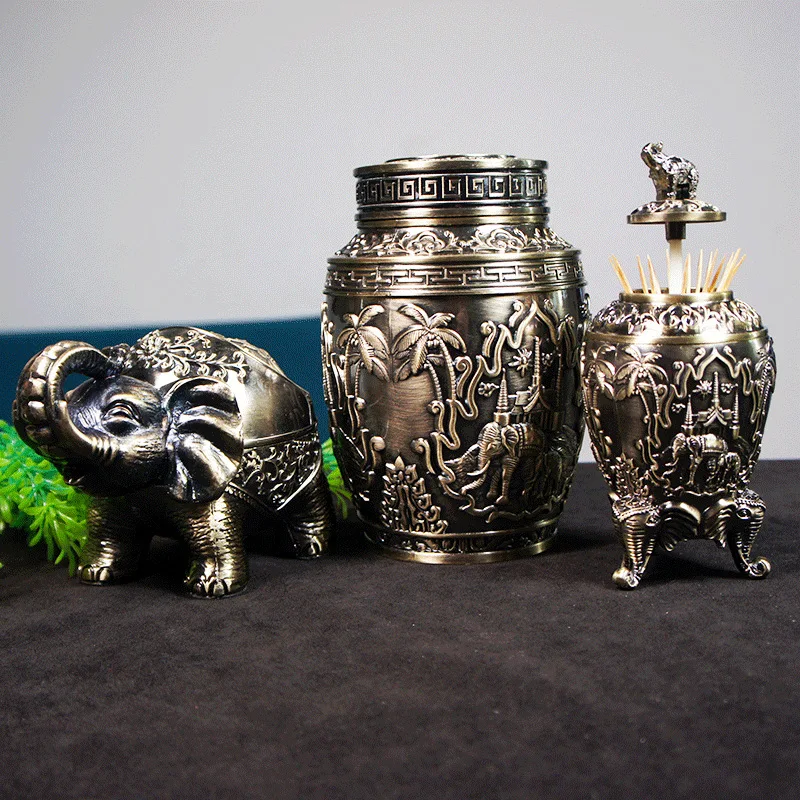 Handmade Metal Elephant Ashtray Tea Can Toothpick Holder Southeast Asian Style Home Decor Gift