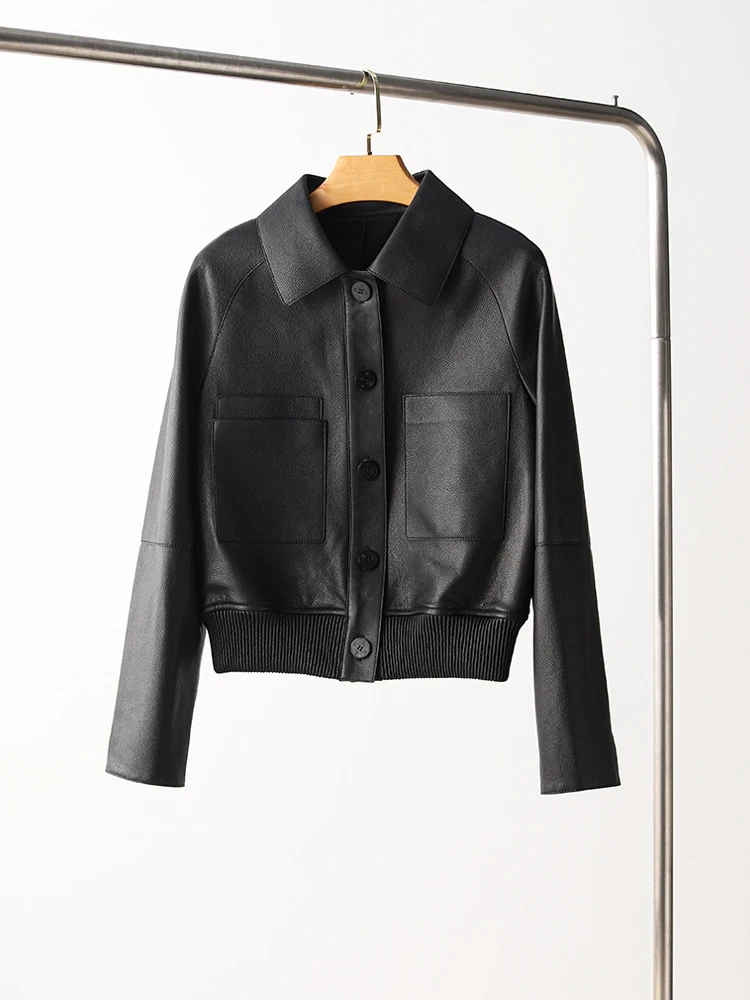 Black Short Genuine Leather Motorcycle Jackets Women Spring Autumn 2025 New High-end Simple Lychee Texture Real Sheepskin Coat