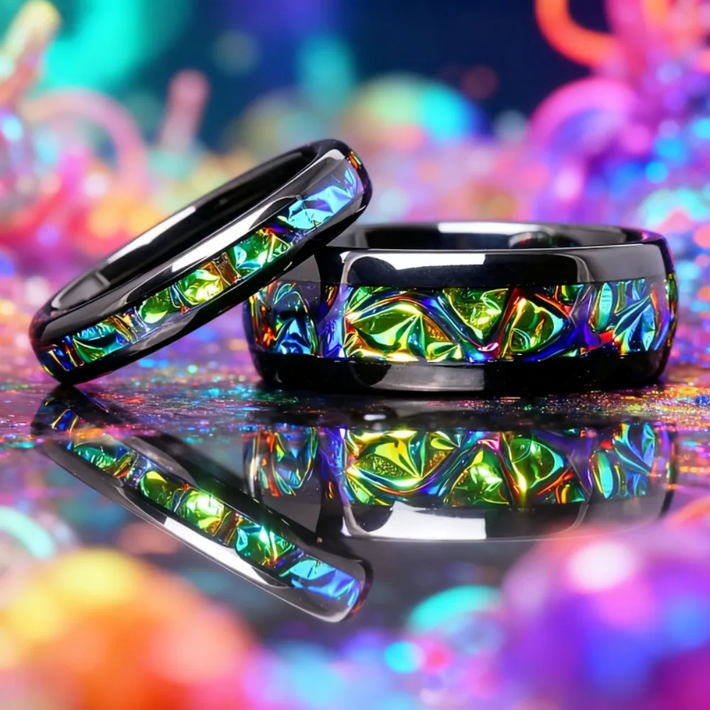 8MM Men Colorful Starry Sky Stainless Steel Rings Unique Black Wedding Band Couple Ring Jewelry Colored Marble Inlay Ring Gift
