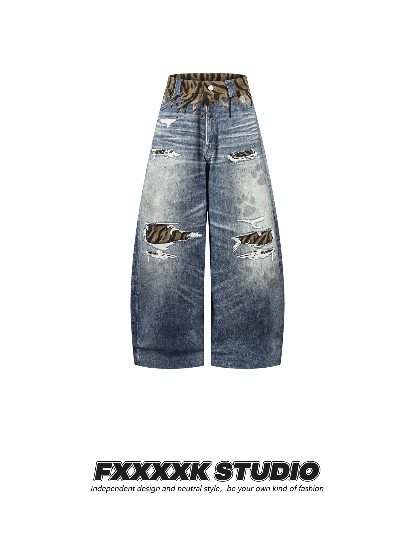 

Original FXK High Street Hiphop Design Tiger Stripe Scratch Hole Loose Wide Leg Knife Denim Jeans Youth Cotton Straight Fit