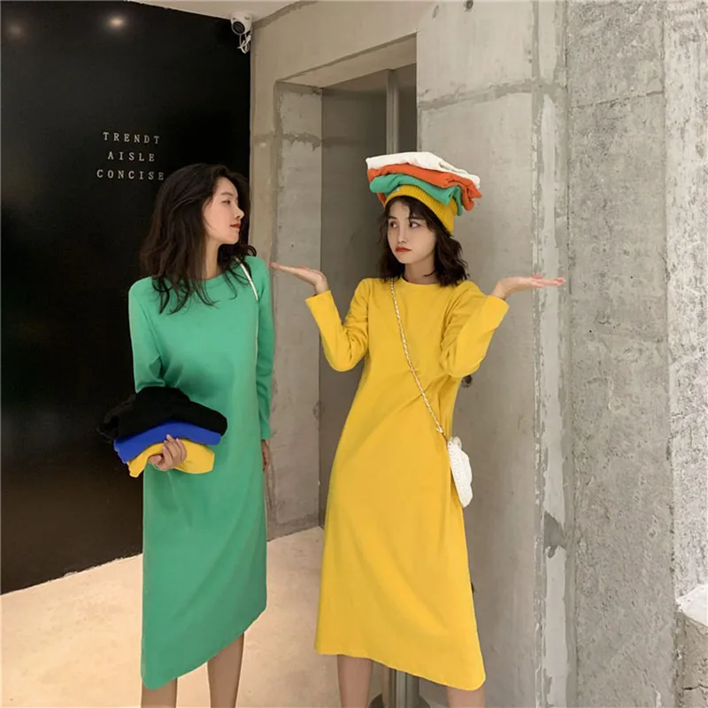 

2025Korean Style Loose And Slimming Long Sleeved Straight-Tee Solid Color Dress Knee Length Mid-Length Base Dress For Women