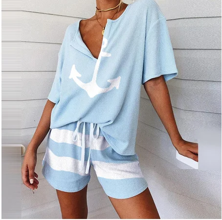 Summer 2Pcs Women Tracksuit Boat Anchor Print Shirt and Shorts Set Spring Elegant V Neck Pullover Ladies Sportswear Suits Pocket