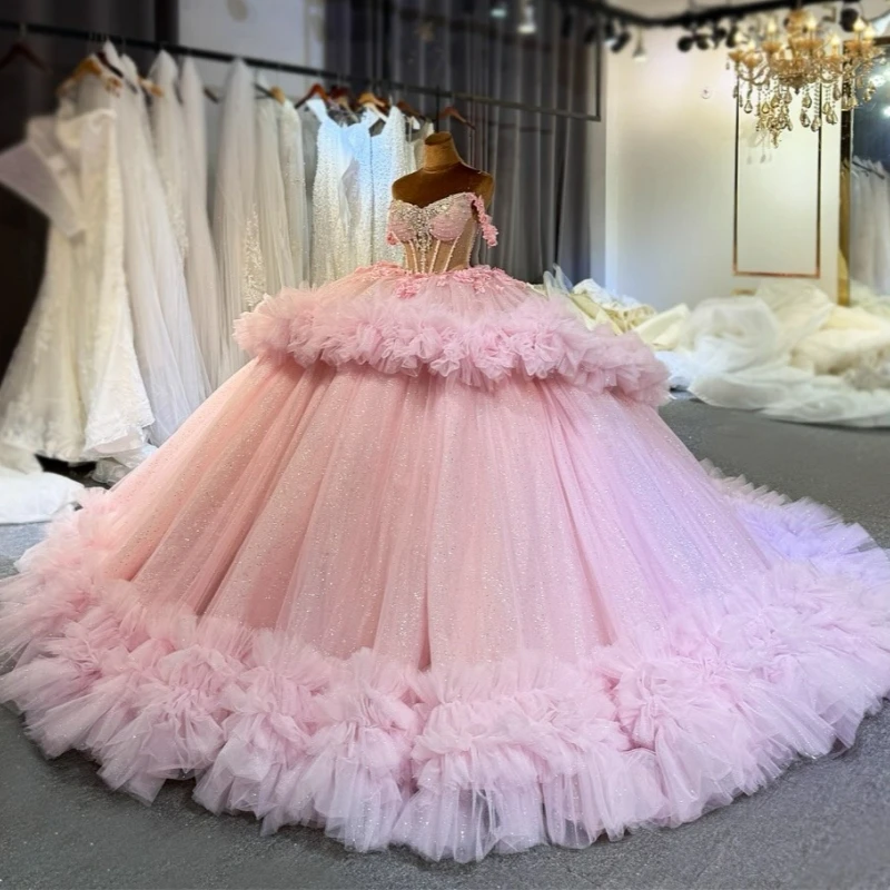 

Pink Shiny Quinceanera Dresses Off The Shoulder Applique Beading Crystal Tiered Tull Corset Party Birthday Sweet 16 Dress Vestid