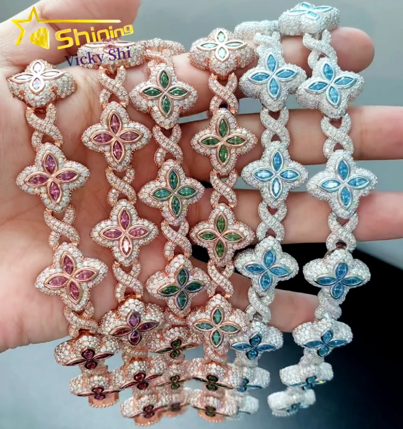 Best Selling Hip Hop Rapper Clover Bracelets 925 Sterling Silver VVS Moissanite Infinity Cuban Link Bracelet Fine Jewelry