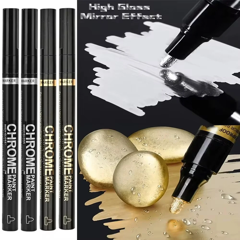 5/1pcs Chrome Pen Marker Mirror Waterproof Paint Repair For Rock Ceramic Glass Metallic Gold/Silver 2mm Nib