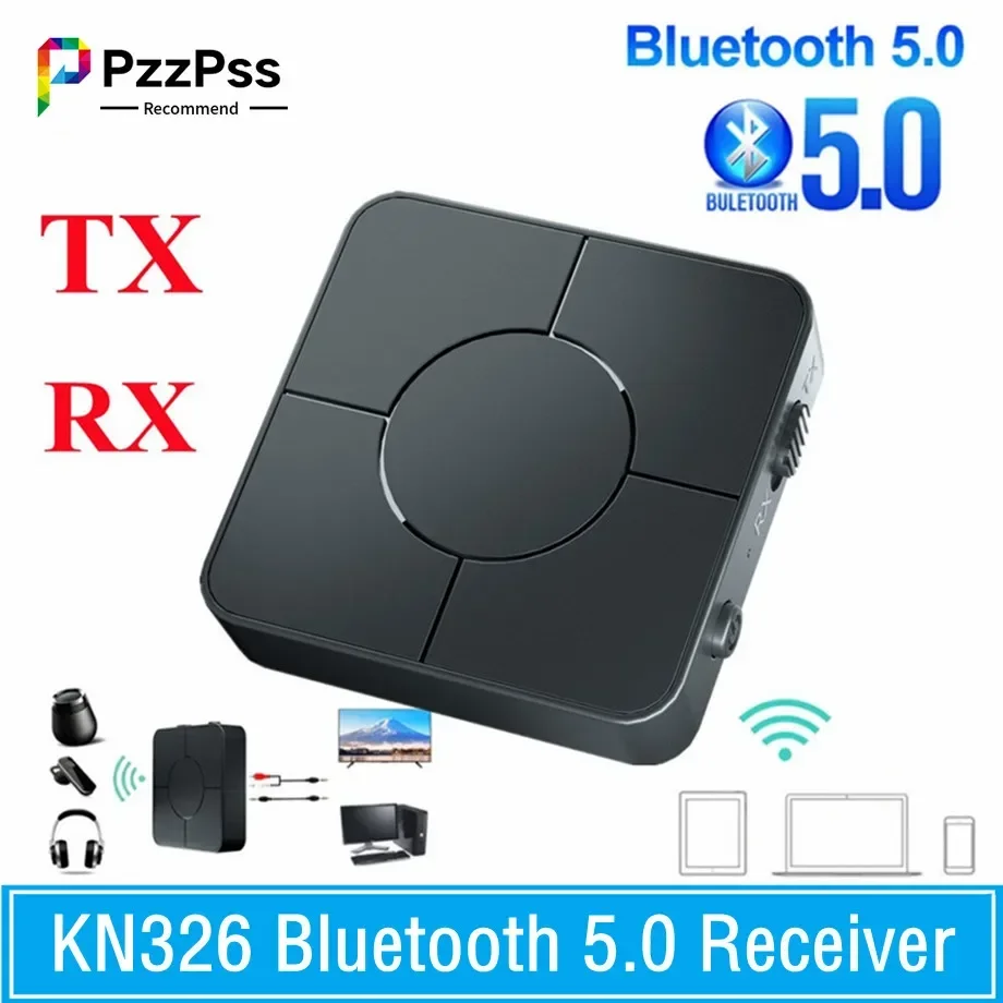 KN326 Bluetooth 5.0 Audio Transmissor Receptor, 3.5mm AUX Jack, Adaptador de música sem fio RCA com microfone para carro, PC, TV, fones de ouvido