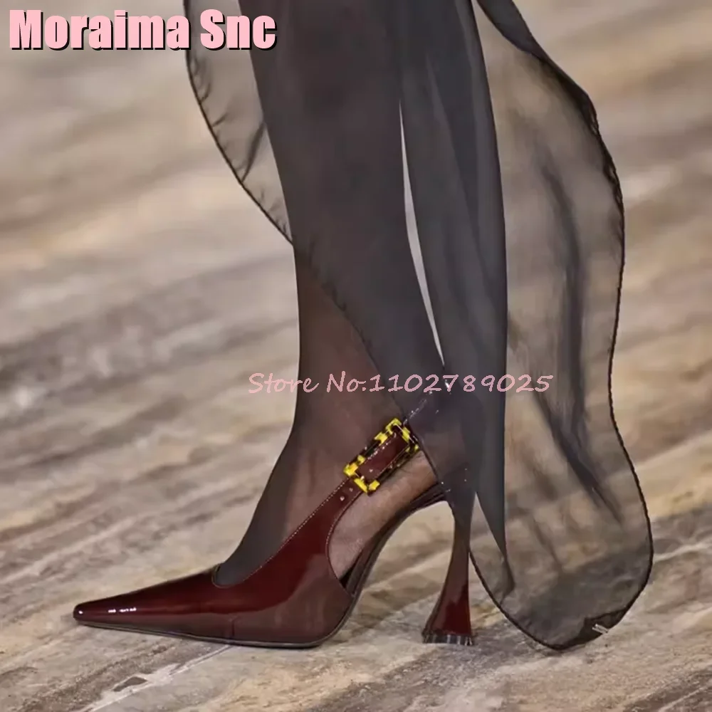 Fashion Brown Pointed Toe Slingback Sandals Sexy Patent Leather Ankle Buckle Strap Runway Women\'s Summer Shoes Banquet Party New