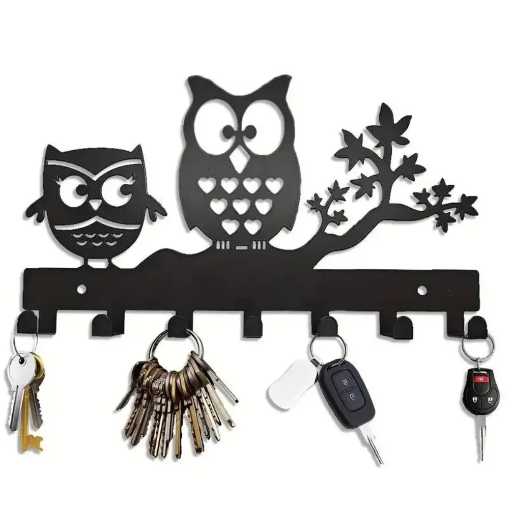 Metal Owl Key Holder Hooks, 7-Hook Wall Rack for Door Wall Decor, Black Entryway Foyer Organizer view 2