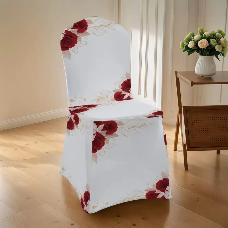 Romantic rose print stretch chair cover. Washable, non-slip, easy to install. Perfect for home, weddings and banquets.