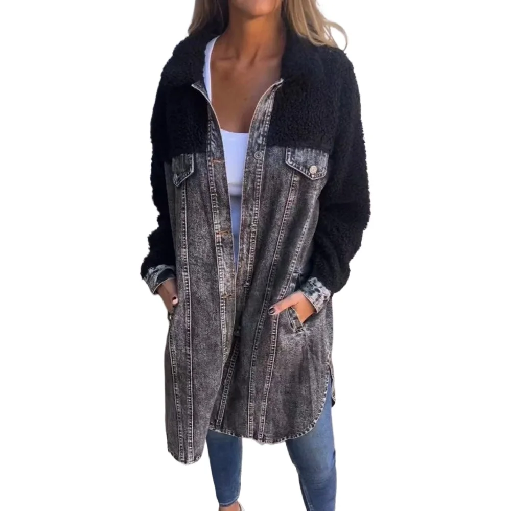Women Autumn Denim Stitching Faux Fur Coats Ladies Long Sleeve Single Breated Jeans Outerwear Jackets