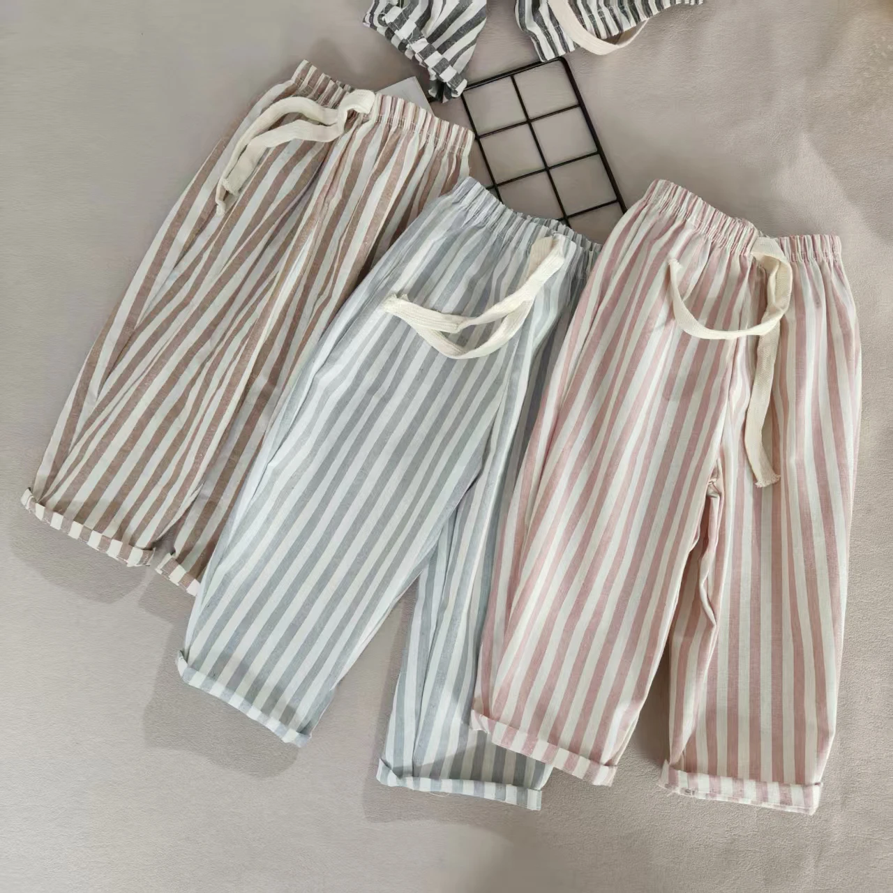 

Vintage Minimalist Linen-Cotton Striped Pants for Kids Unisex Elastic Waist Casual Trousers | Toddler Harem Pants