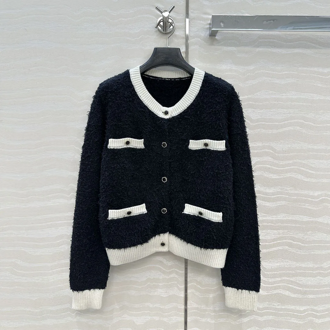

New Autumn Winter Cute Mohair Wool Blends Knitted Cardigans Stripes Patchwork O-neck Long Sleeve Pockets Vintage Sweet Sweater