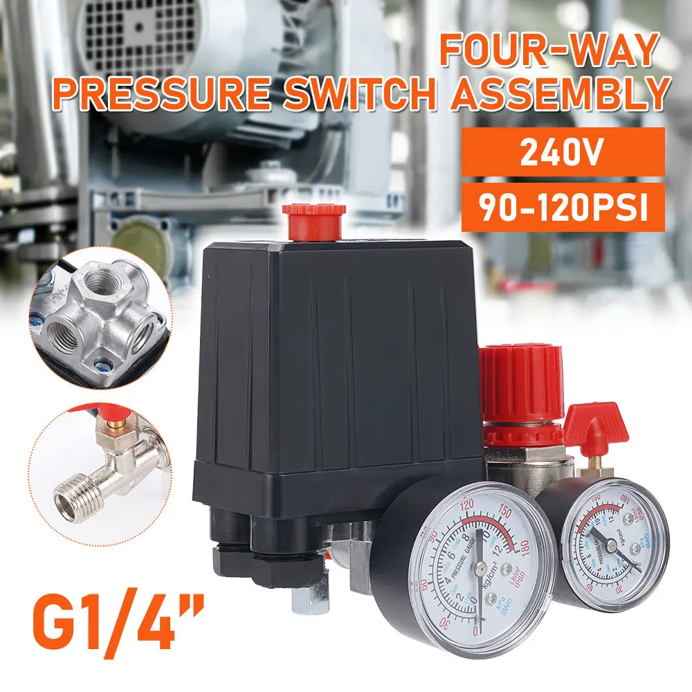 220V Air Compressor Pressure Switch Control Valve Regulator with Gauges Air Regulator Valve Air Pumps Aluminum Control Valve