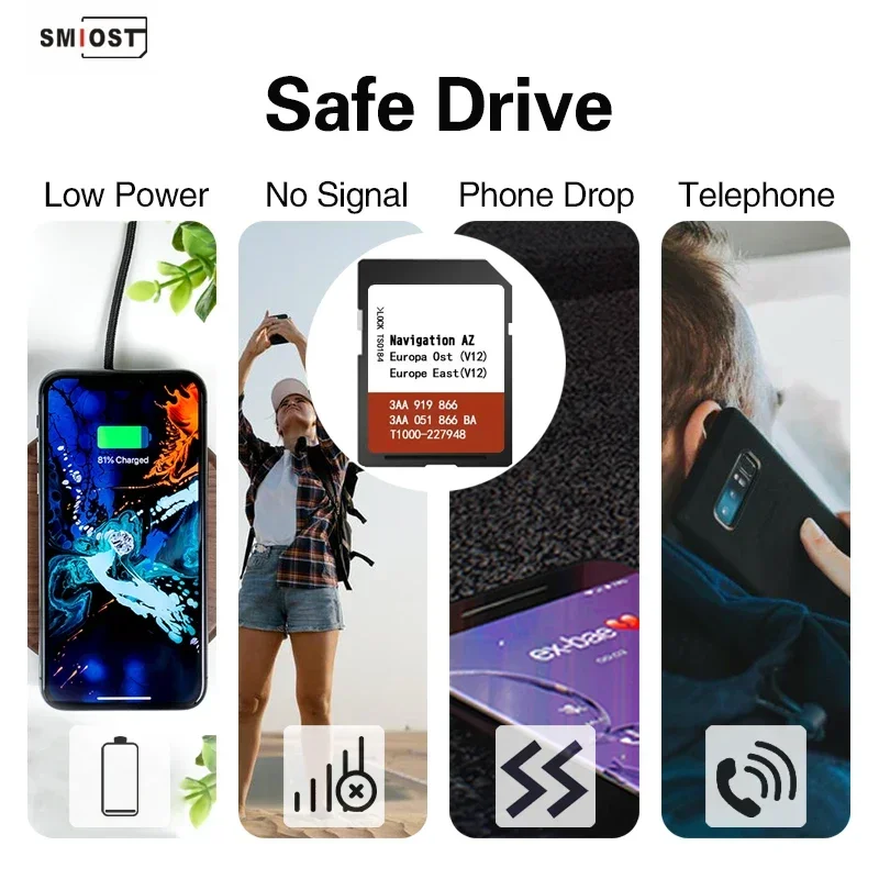بطاقة خريطة الذاكرة SD لبطاقة بيانات SMIOST Car Navi GPS مع أوروبا الشرقية V12 Sat Nav 8GB RNS315 Amundsen Media 2.1 2.2