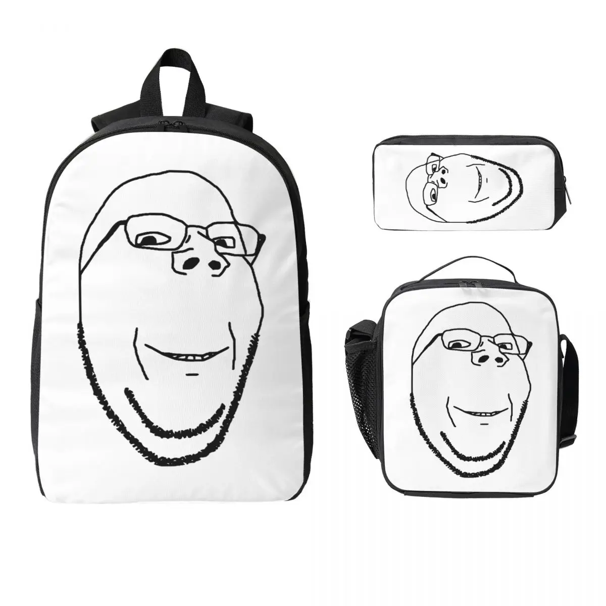 

Smiling Wholesome Wojak Soyjak Backpack Boys Girls BookBag School Bag Computer Shoulder Bags 3ps Insulated Lunch Bag Pencil Case