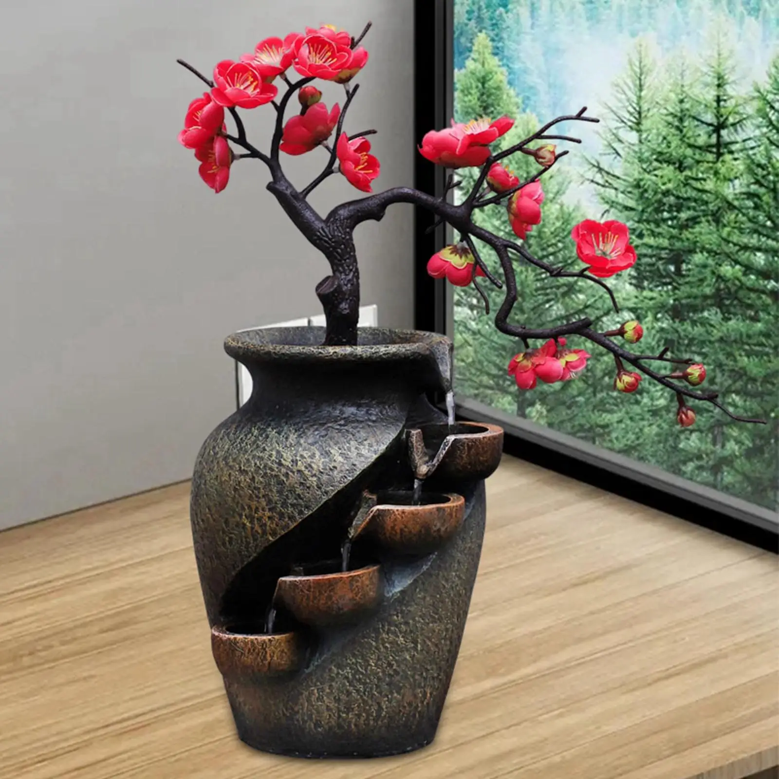 Creative Home Garden Simulation Plant Vase Crafts Resin Waterfall Fountain Indoor Desktop Flowing Water Landscape Ornament