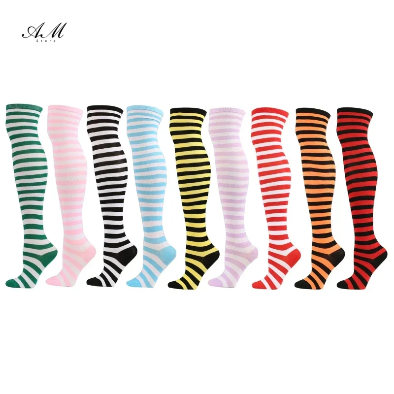 Summer Striped Thigh High Over The Knee High Socks for Women Long Stockings Cute Kawaii Cotton Knit Tall Leg Warmers Sock