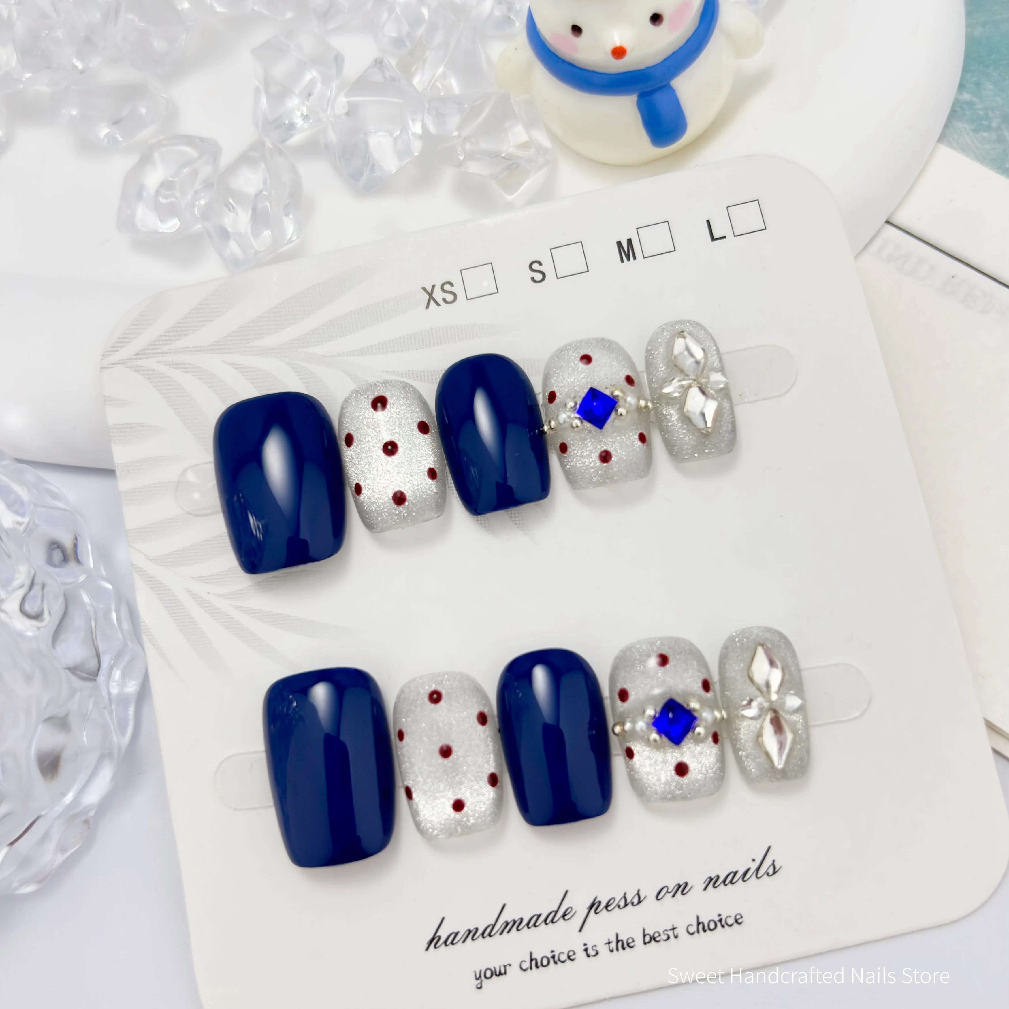 Handmade Short Square Press On Nails, Navy Blue Contrast Silver Snowflake Glitter Fake Nails, Burgundy Polka Dots, 3D Pearl & Shiny Rhinestone Bow, Reusable Manicure Gift with Nail Tool Kit for Girls Daily Office Study