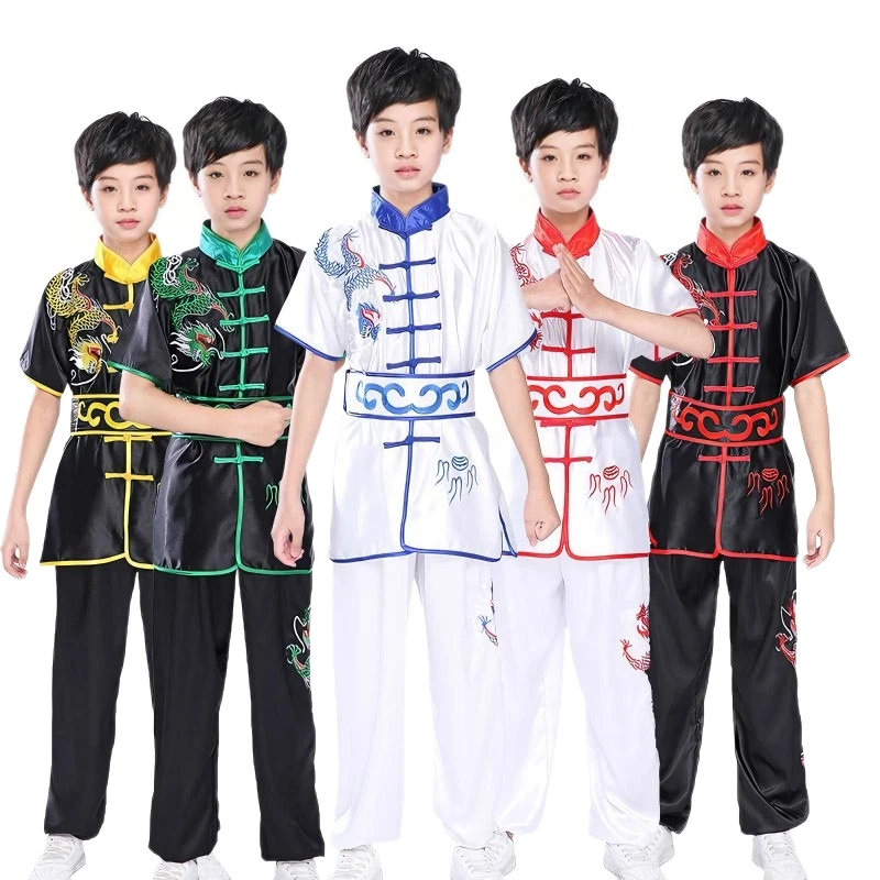 Uniforme de Kung Fu pour enfants avec broderie de dragon - Costume d'arts martiaux en satin pour la performance scénique, l'entraînement et le cosplay
