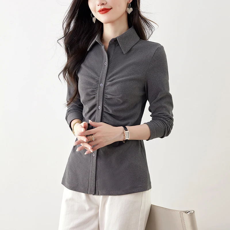 Camicia dimagrante a maniche lunghe con colletto rovesciato stile francese Top Camicette casual alla moda con pieghe chic primavera autunno da donna