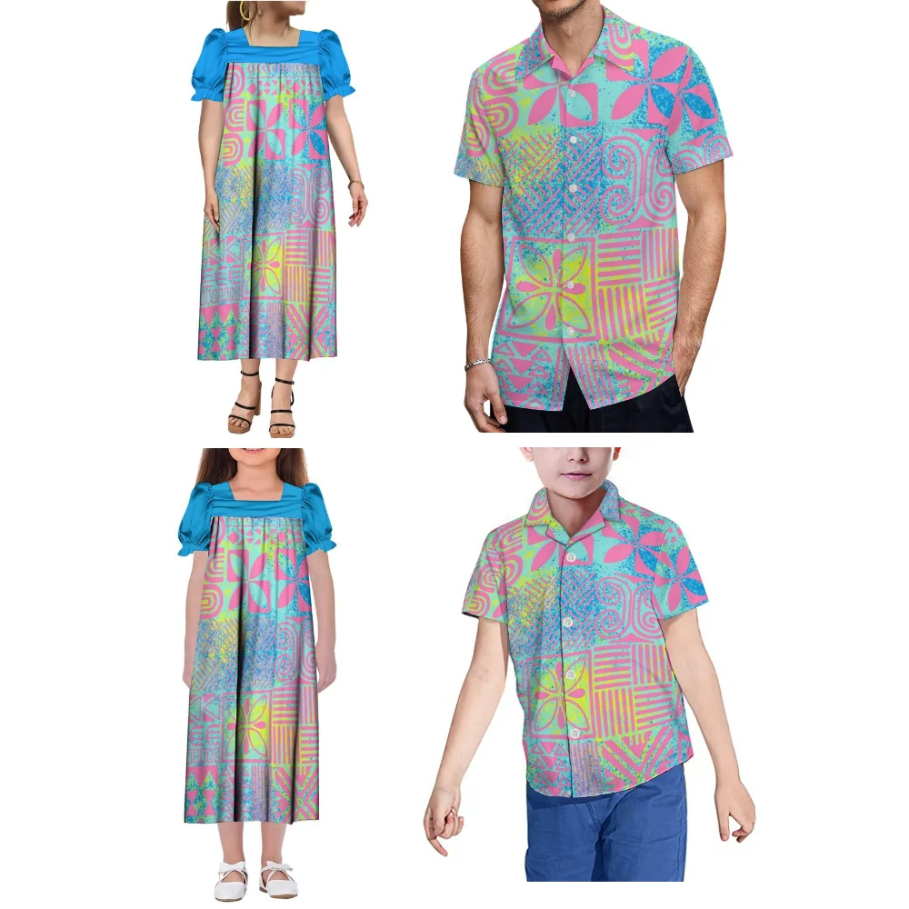 Robe d'été imprimée sur mesure, motif polynésien, vêtements de famille, robe Mumu pour femmes et filles, petit haut décontracté pour hommes et garçons