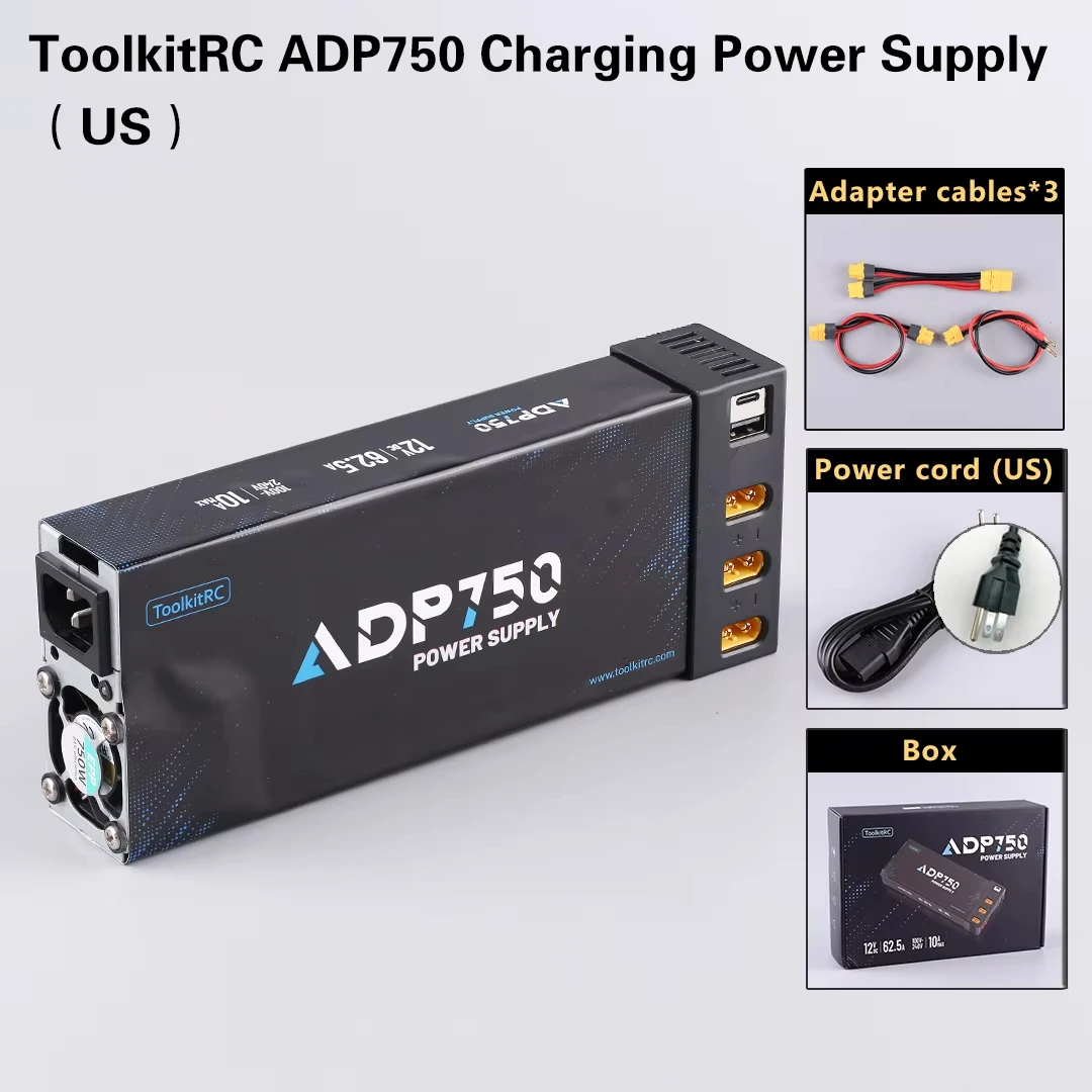 محول ToolkitRC ADP750 بقوة 750 وات DC12V 62.5A مع مخرج رأس الموز المتوازي XT60 لشاحن ذكي M8D M9 M6D M7 M8P