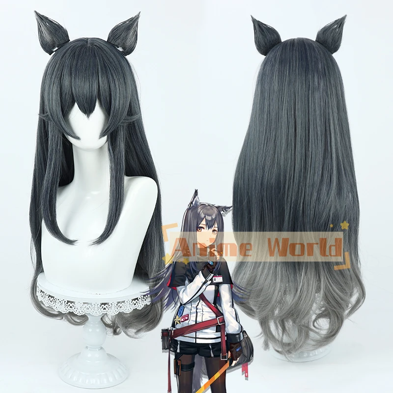 Arknights Texas The Omertosa Cosplay Wig with Ears 75cm Long Gray Mixed Synthetic Hair Heat Resistant Halloween Role Play Party