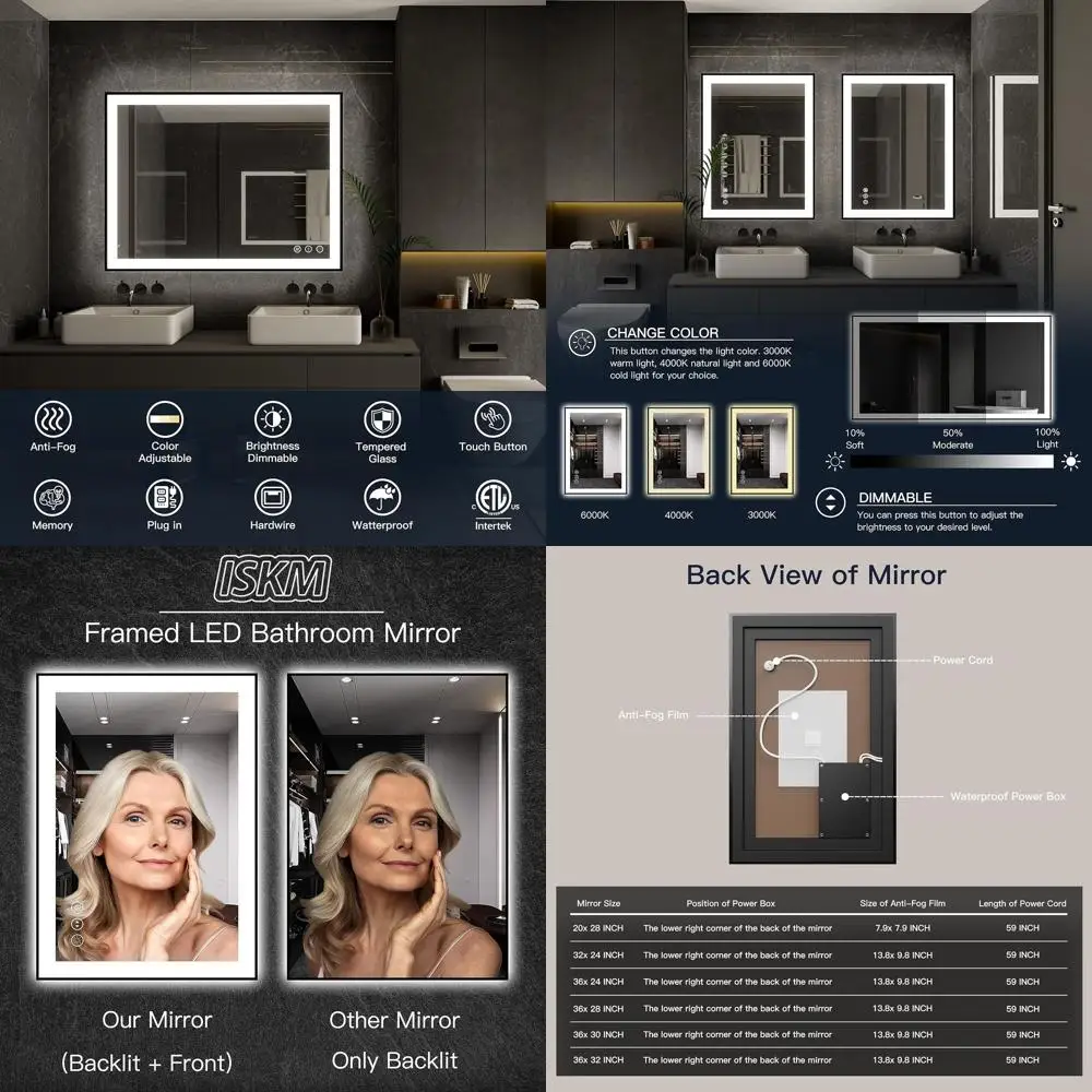 

36x28 LED-Illuminated Bathroom Mirror with 3-Color Lights, Anti-Fog, Shatterproof, and Memory Function