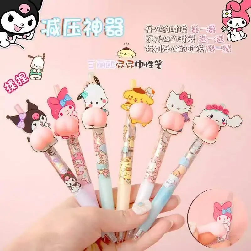 6Pcs/Set Sanrio Cute Cartoon Ballpoint pen mymelody Kuromi Cinnamoroll Squeeze Anti-stress Toy Butt Decompression Gel Pen