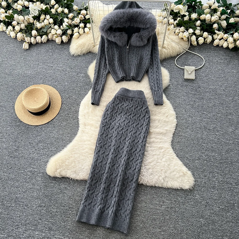 

Women Two Piece Sets Skirt Set Hooded Zipper Full Sleeve Knit Short Coats Long Skirts High Waist Y2k Streetwear Elegant Autumn
