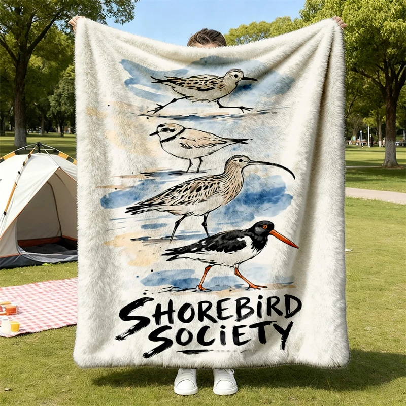  Shorebird Society T, Flannel Blanket, Watercolor Coastal Bird Art Flannel Throw