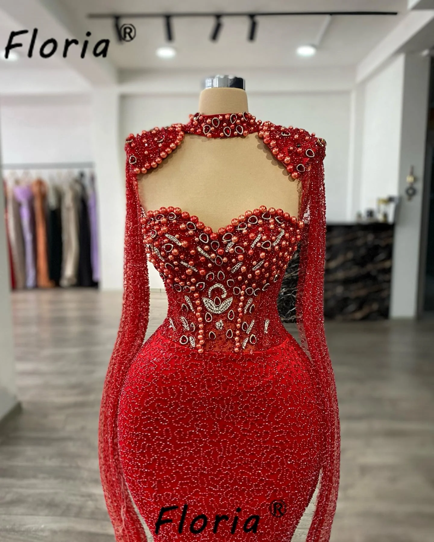 Red Beads Couture Mermaid Evening Dresses With Long Tassel Sleeve Shiny Stones Pearl Celebrity Party Gowns Wedding Guest Robes