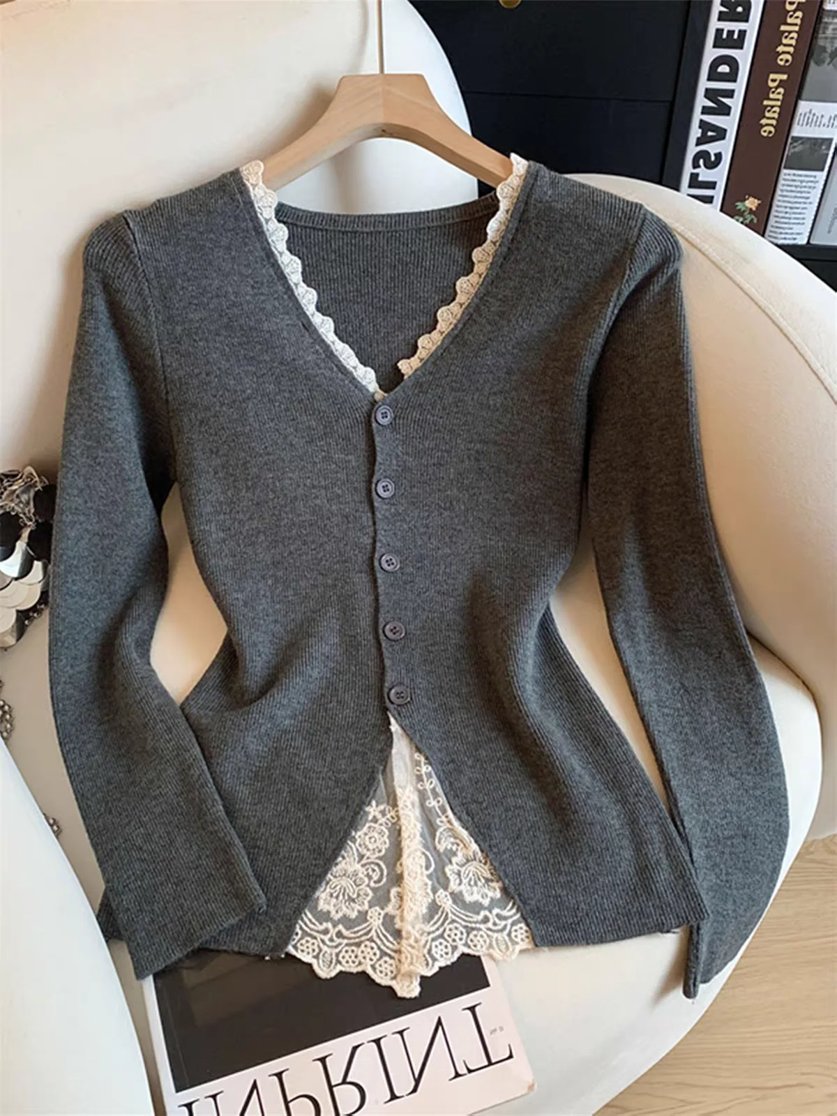 Women's Retro Lace Splicing V-Neck Long Sleeve Knit Cardigan, Fall Fake 2-Piece Vintage Sweater Coat, Cozy Open Front