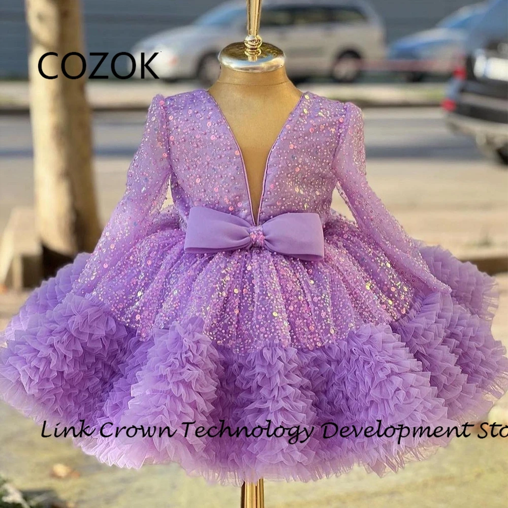 COZOK Simple V Neck Flower Girls Dresses with Sequined A Line Full Sleeve Christmas Dresses 2024 Summer Sequined فستان عيد الميل