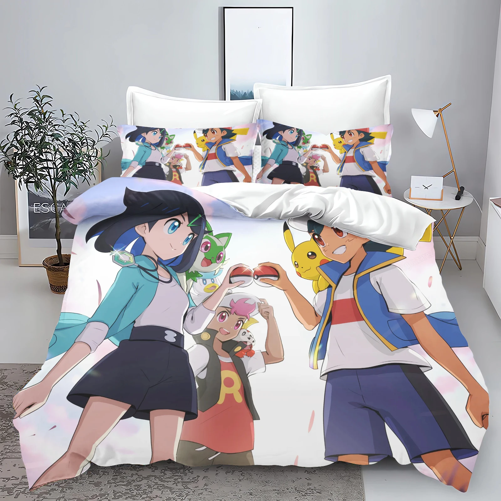 Pokémon Bedding Set Cute Printed Cartoon Quilt Cover Duvet Cover Comforter Sets King Size 100% Polyester