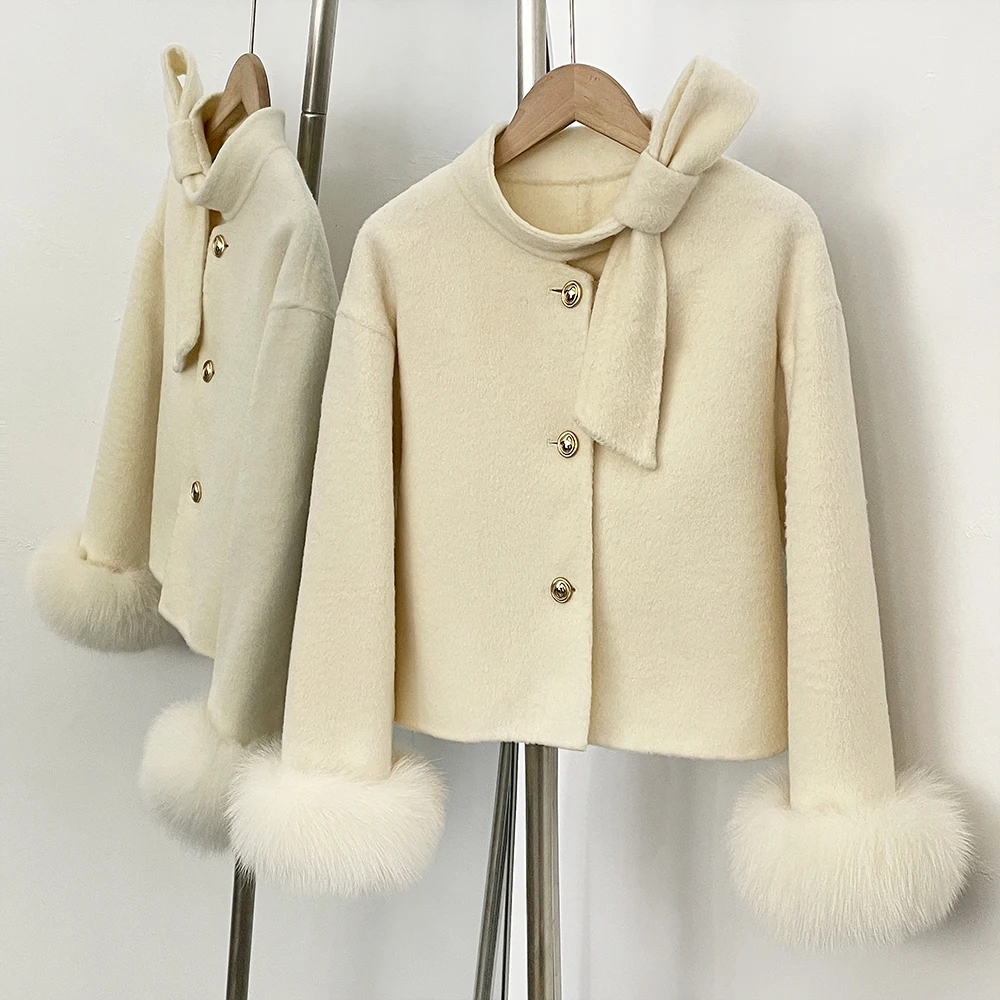 OFTBUY Winter Neuer Stil Schleifenärmel mit Echtfuchs-Pelzmanschetten Wollmantel Doppelseitiger Wollstoff Überziehmantel Jacke für Damen – Detail 9