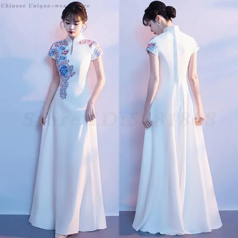 

Новое китайское платье для хора, винтажное длинное платье Cheongsam с цветочной вышивкой, женское темпераментное элегантное вечернее платье Ципао