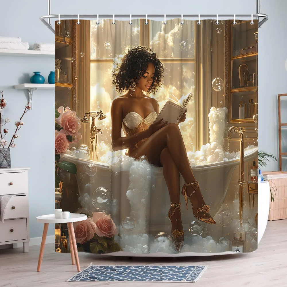 luxury woman reading in bathtub shower curtain with golden light roses and bubbles for elegant Free Hooks Included Quick Setup