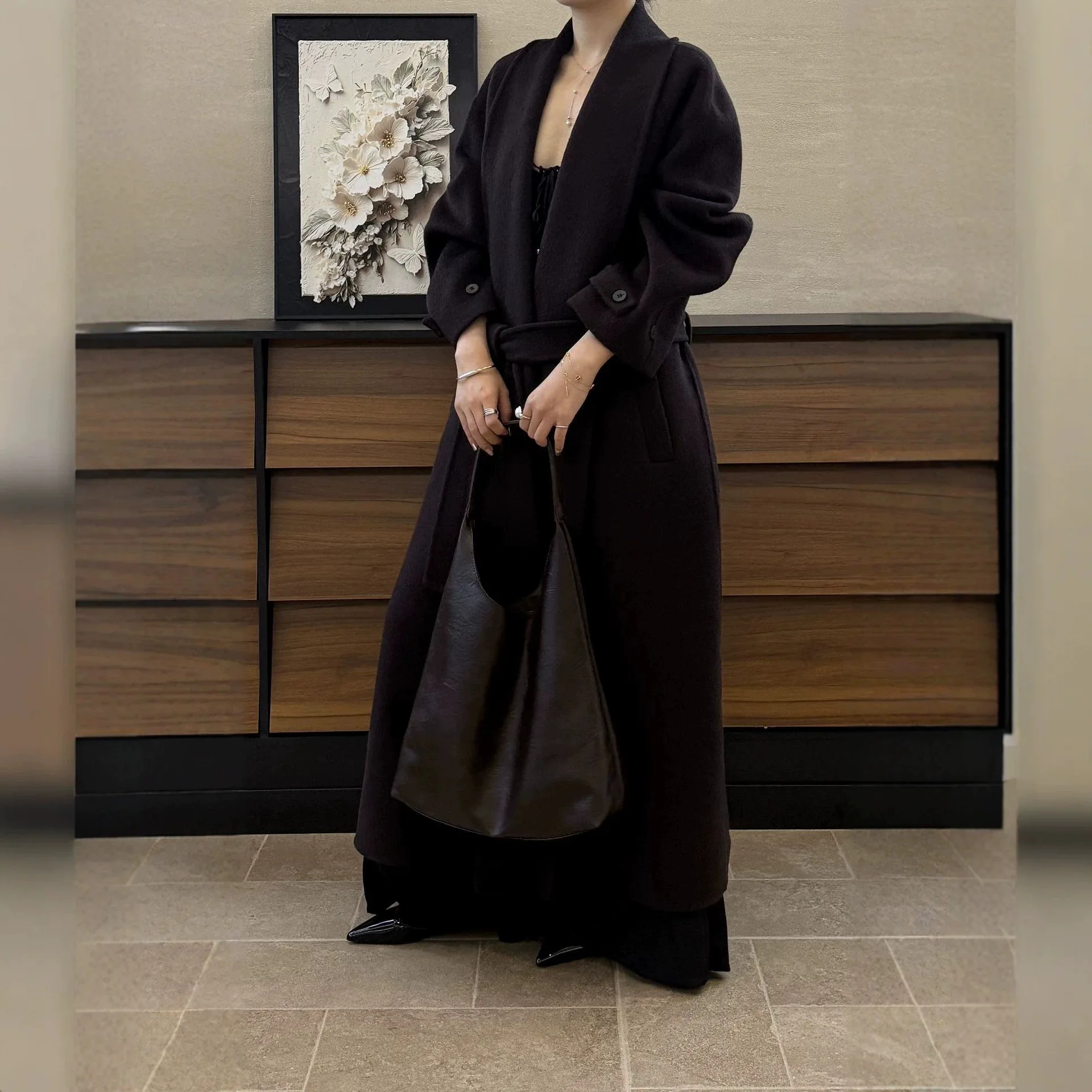 FANAN Women Long Wool Coat Lapel Collar Belted Waist Wrap Style Loose Maxi Length Double Sided Woolen Overcoat Winter Elegant