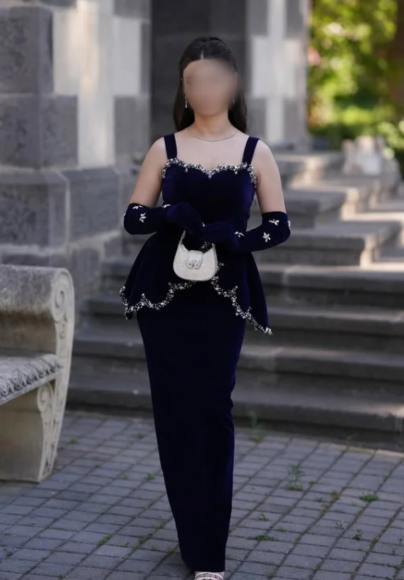 Customized Navy Blue Halter Gorgeous Evening Dress Ruffle Lace Slit Hem Fishtail and Floor Back Slit Gemstone Studded Formal